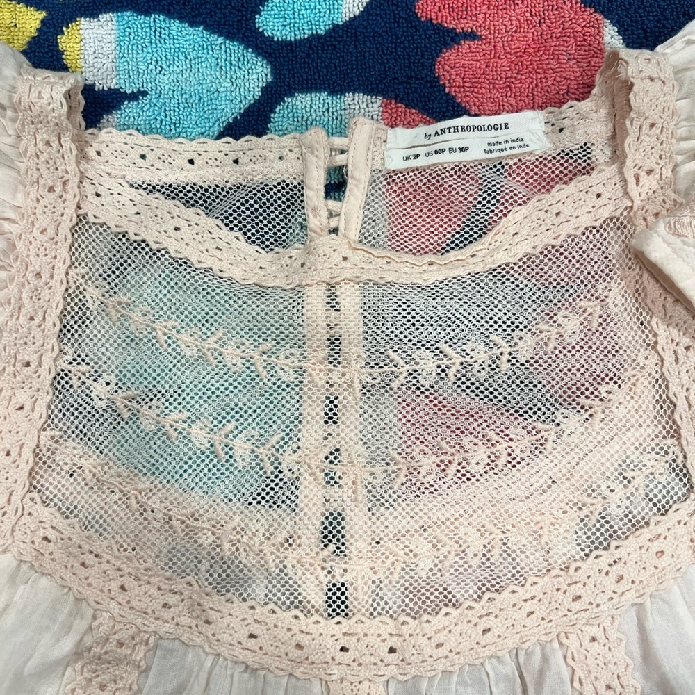 Rare Anthropologie Pale Pink Crochet Lace Yoke Top - Picture 7 of 15